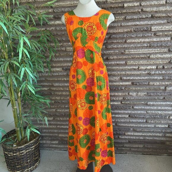 Vintage 70s Hawaii Nei Orange Maxi Hostess Dress Made in Hawaii Size 10 - Picture 11 of 11